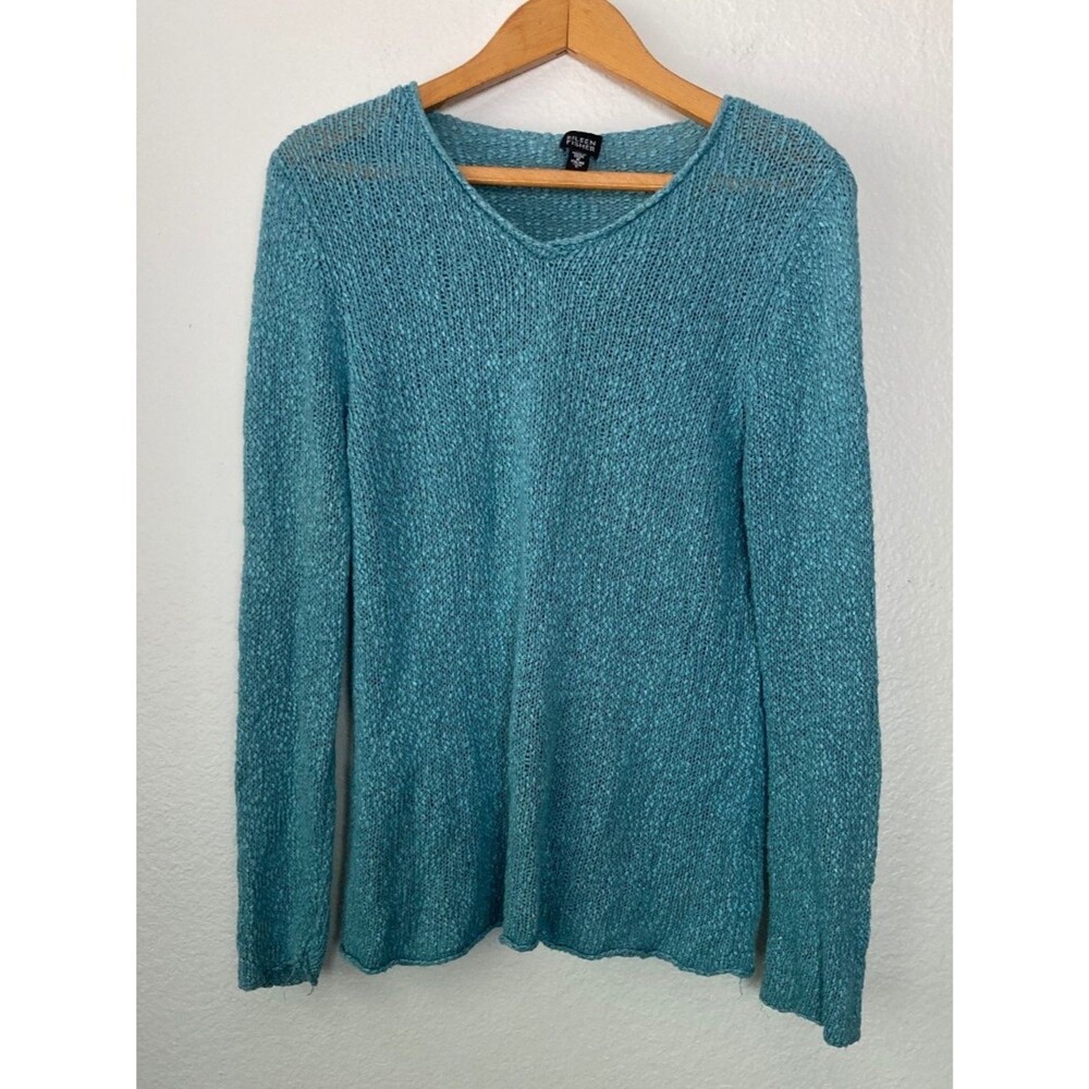 EILEEN FISHER Linen Blend V-Neck Open Weave Sz Large Long Sleeve
